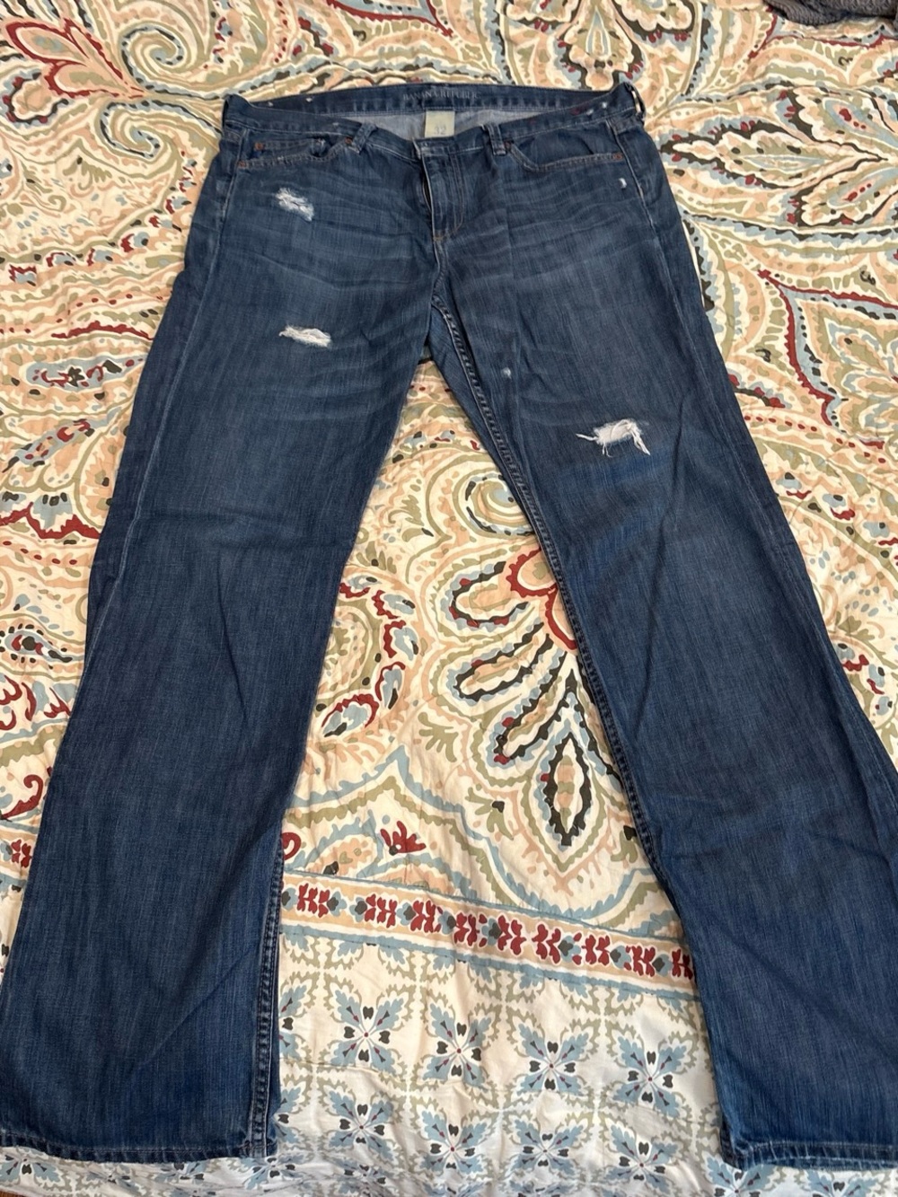 Men’s Distressed Blue Jeans - Classic Dark Wash Straight Leg 32 2009 EUC Vintage